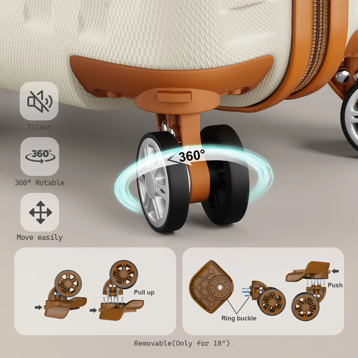 18-inch three-piece carry-on suitcase with detachable wheels and a handbag-compatible carry-on suitcase