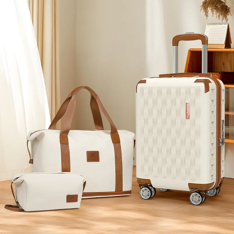 18-inch three-piece carry-on suitcase with detachable wheels and a handbag-compatible carry-on suitcase