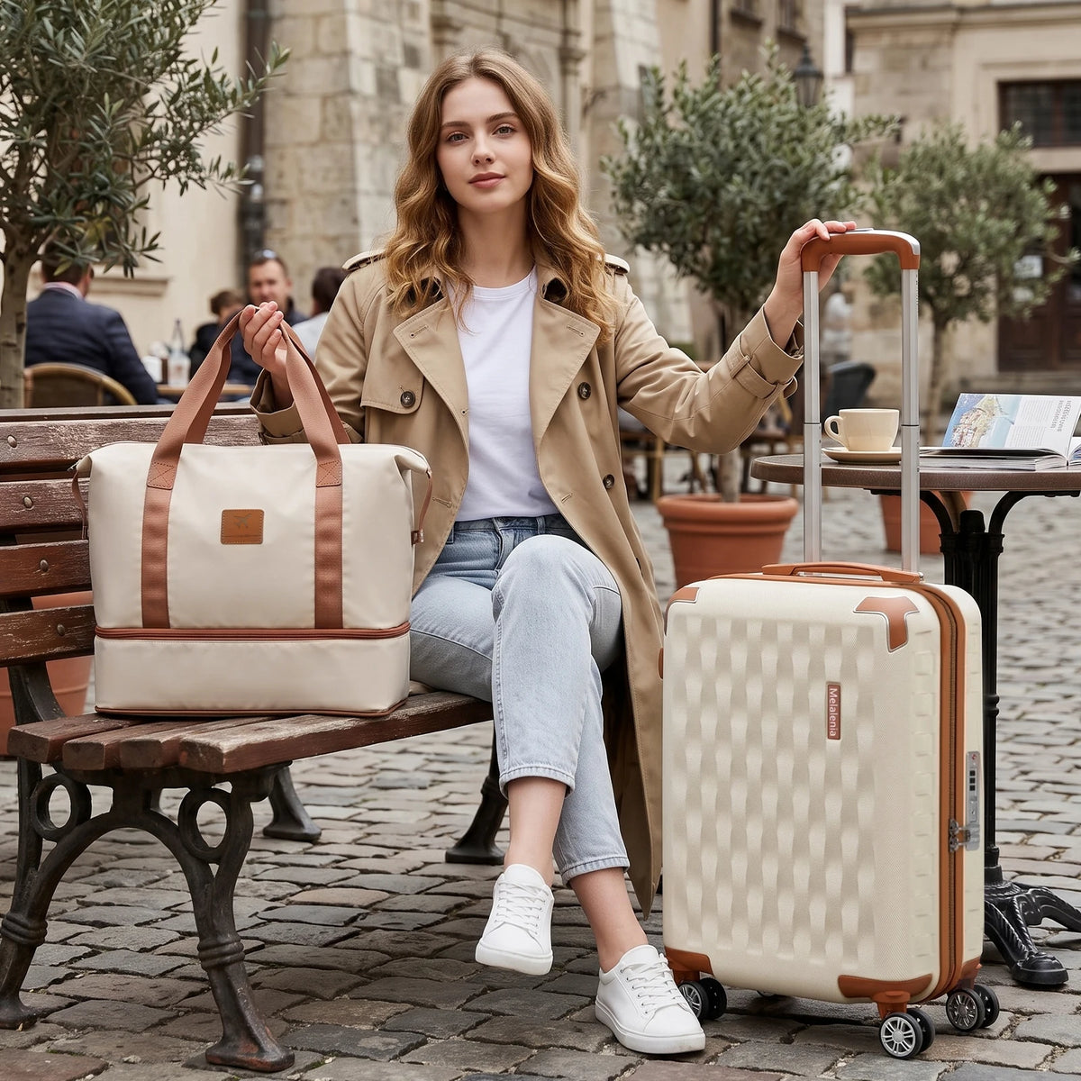 18-inch three-piece carry-on suitcase with detachable wheels and a handbag-compatible carry-on suitcase