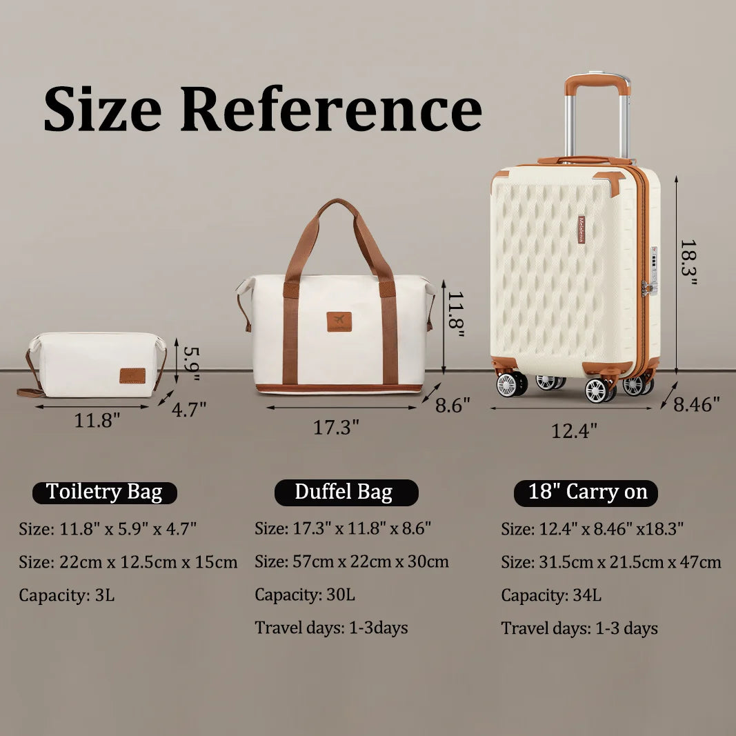 18-inch three-piece carry-on suitcase with detachable wheels and a handbag-compatible carry-on suitcase