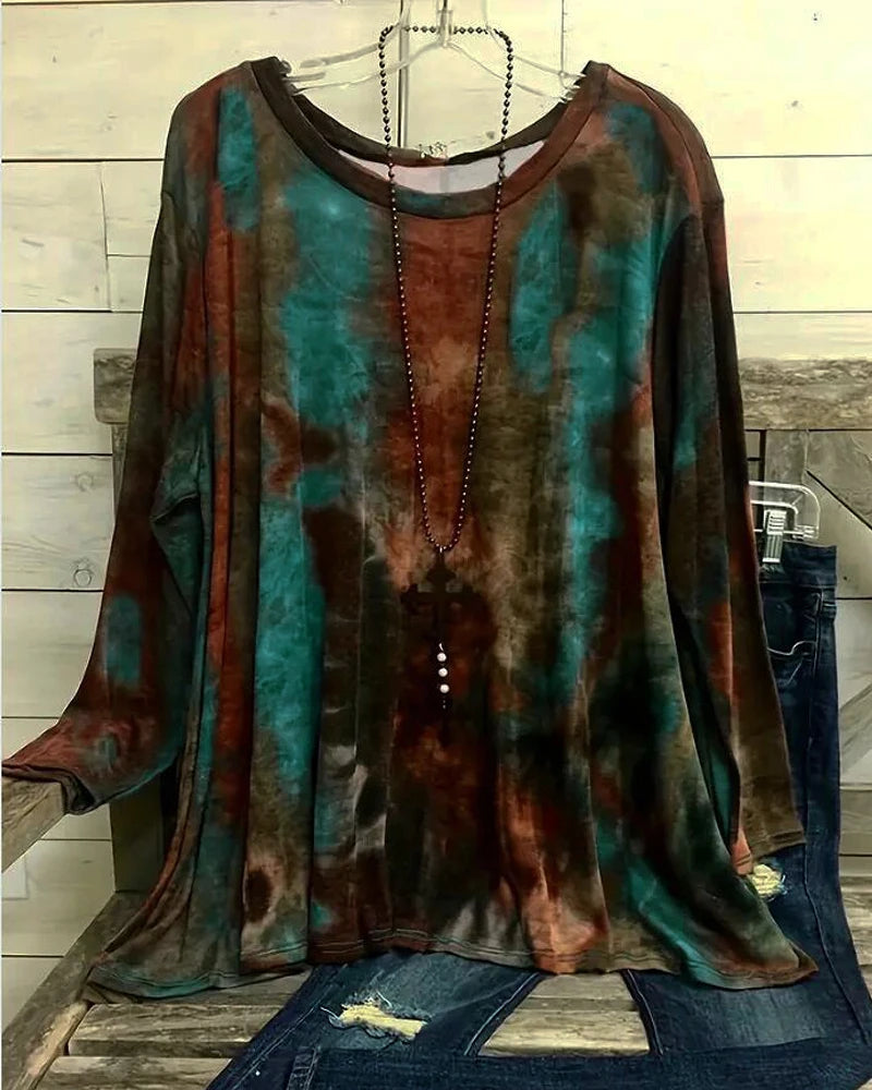 Plus Size Women's Casual T-shirt Tie Dye Long Sleeve Round Neck High Stretch T-shirt
