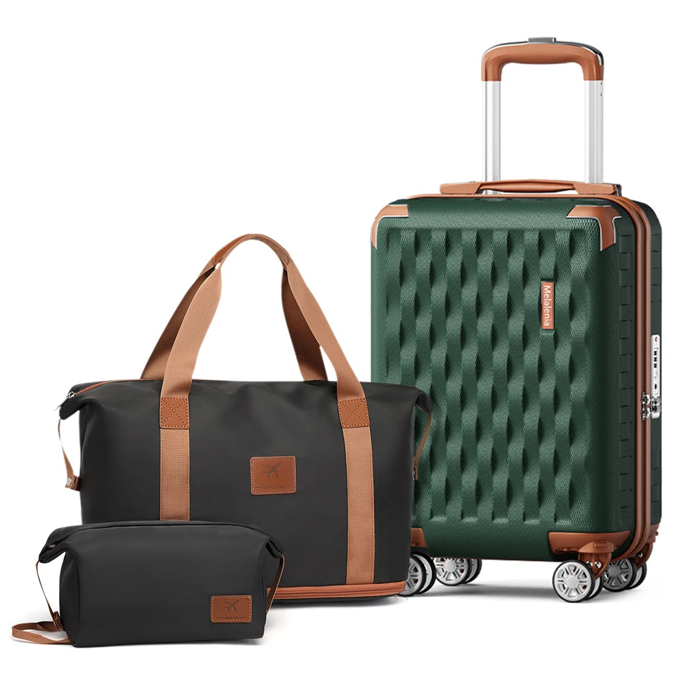 18-inch three-piece carry-on suitcase with detachable wheels and a handbag-compatible carry-on suitcase