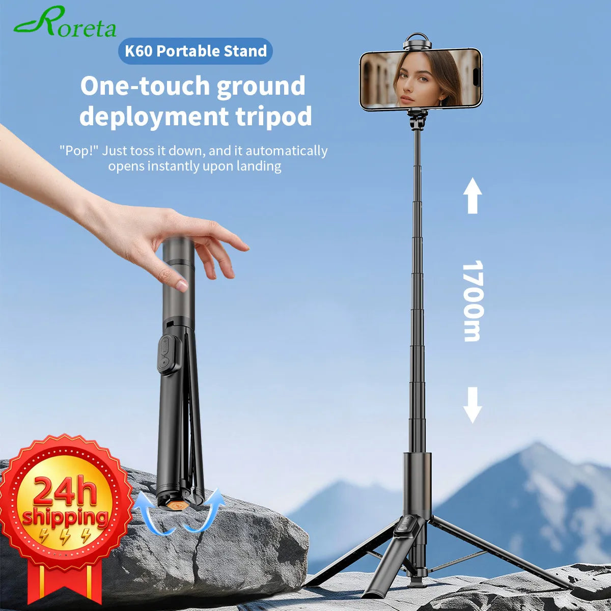1.7M Portable Selfie Stick Tripod with Auto-Open Mechanism, Bluetooth Remote Control, Extendable Phone Holder for iPhone Android