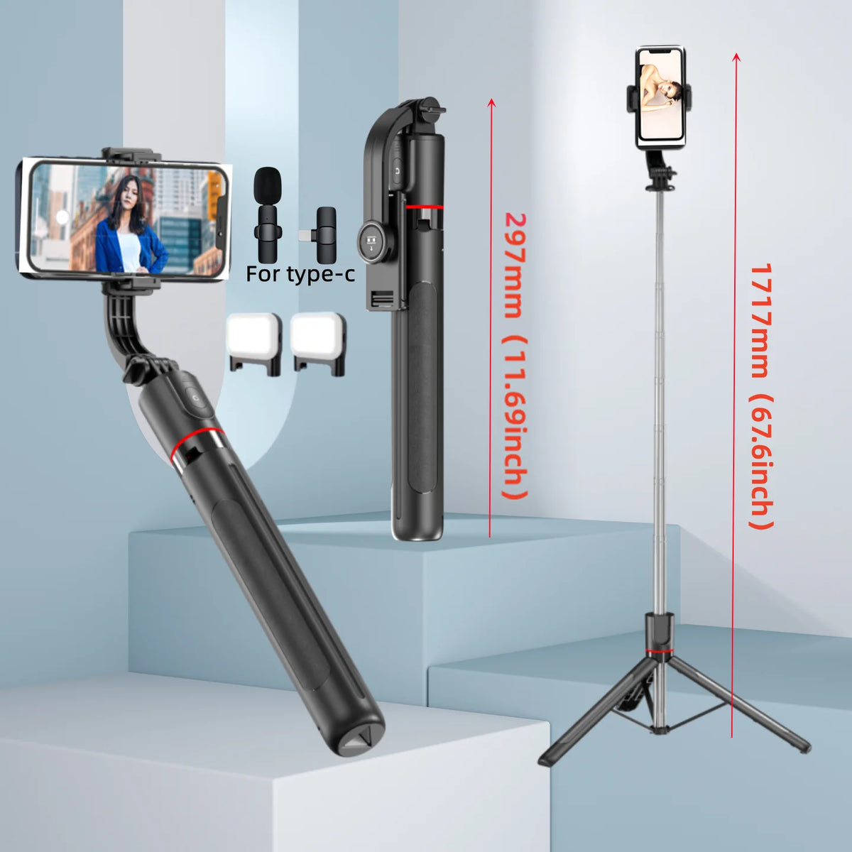 1.7m Selfie Stick Tripod Stand for iPhone Samsung Huawei Cellphone Extendable Phone Tripod with Wireless Remote