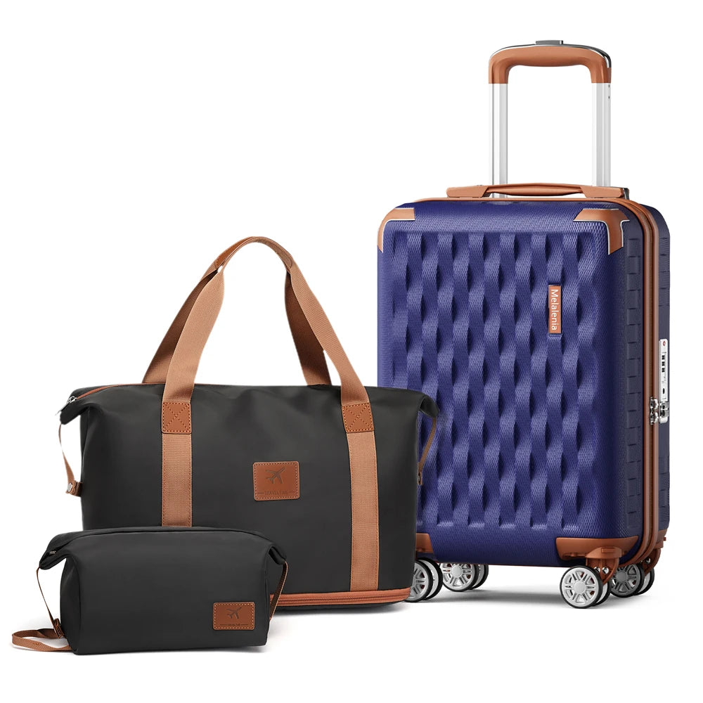18-inch three-piece carry-on suitcase with detachable wheels and a handbag-compatible carry-on suitcase