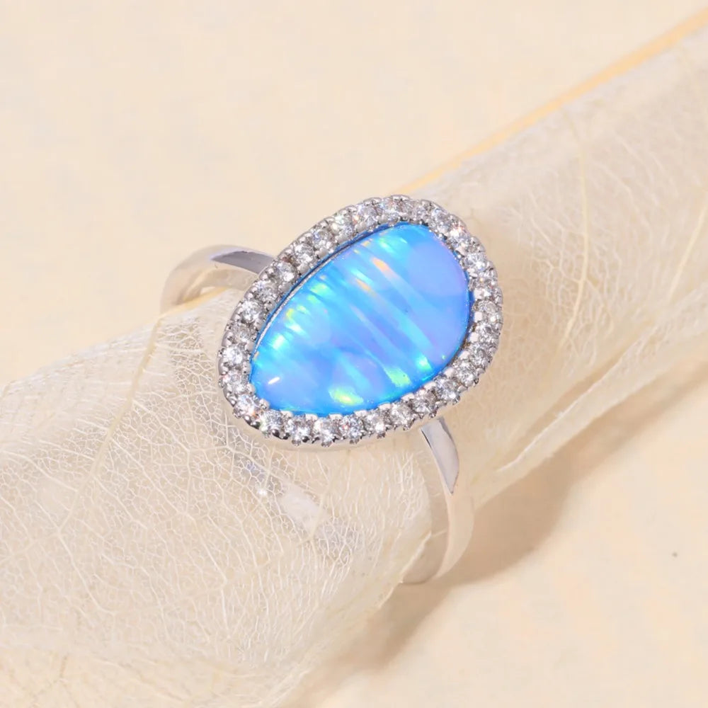 CiNily Created Blue Fire Opal Cubic Zirconia Silver Plated Wholesale Fashion Jewelry for Women Christmas Ring Size 7-9 OJ9275