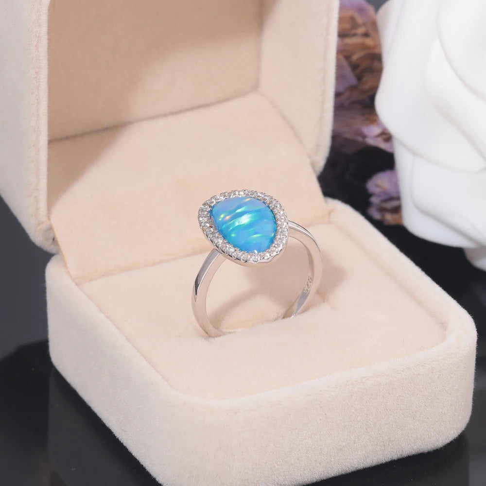 CiNily Created Blue Fire Opal Cubic Zirconia Silver Plated Wholesale Fashion Jewelry for Women Christmas Ring Size 7-9 OJ9275