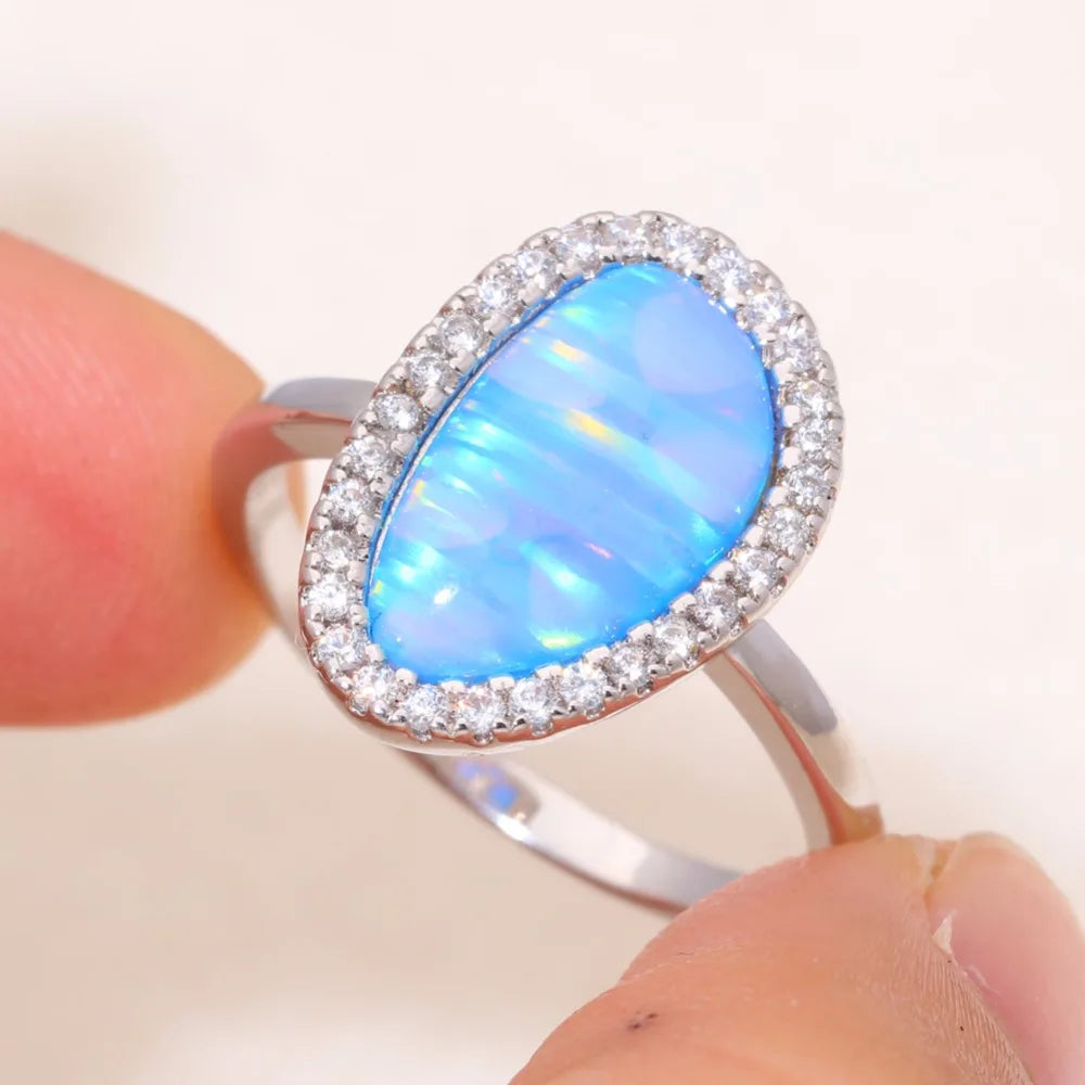 CiNily Created Blue Fire Opal Cubic Zirconia Silver Plated Wholesale Fashion Jewelry for Women Christmas Ring Size 7-9 OJ9275