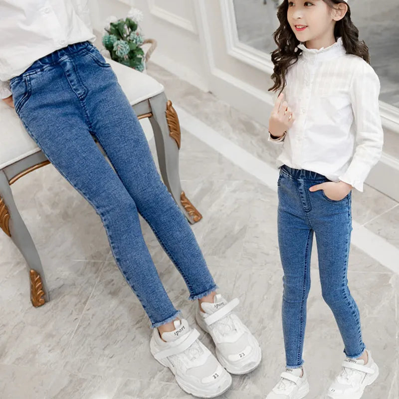 Girls Leggings new 2023 autumn kids girl jeans blue black elastic skinny children pencil pants for 4 to 13 years denim trousers