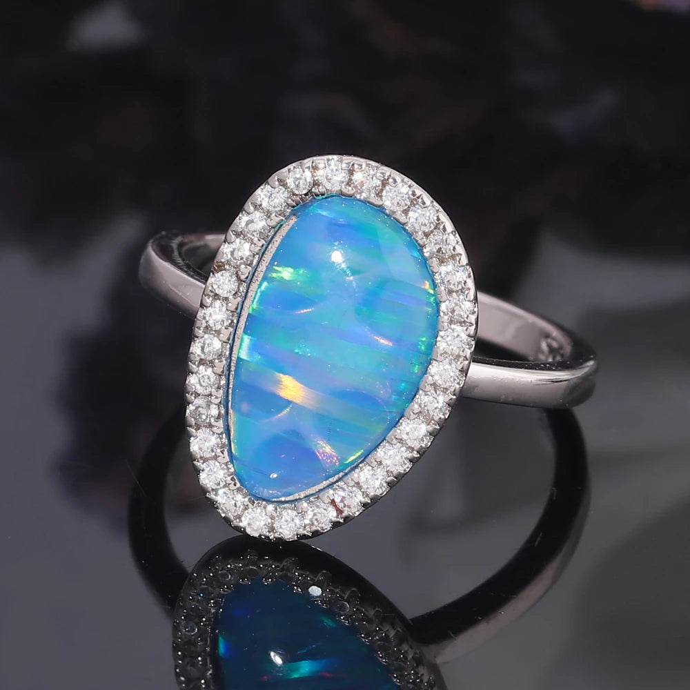 CiNily Created Blue Fire Opal Cubic Zirconia Silver Plated Wholesale Fashion Jewelry for Women Christmas Ring Size 7-9 OJ9275