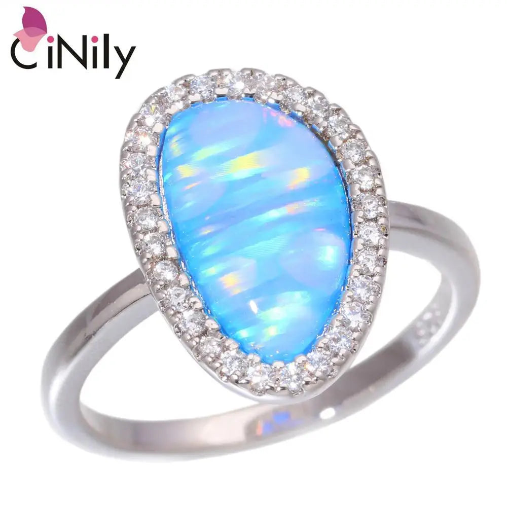 CiNily Created Blue Fire Opal Cubic Zirconia Silver Plated Wholesale Fashion Jewelry for Women Christmas Ring Size 7-9 OJ9275