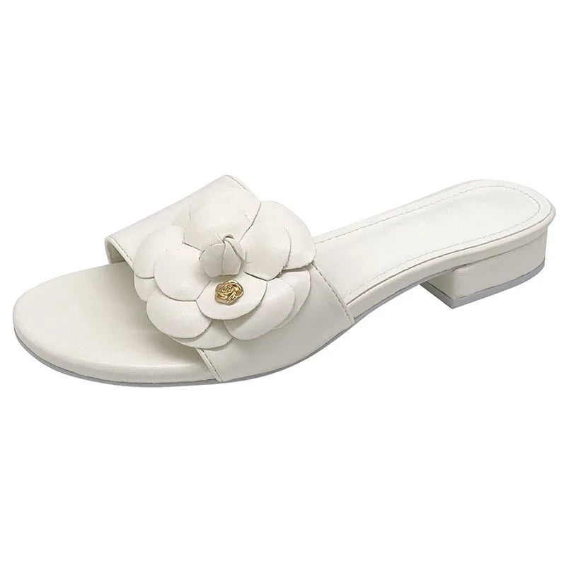 Designer Camellia flower slippers women 2026 sandalias summer lazy shoes ladies ins low heels metal camellia floral slides mujer
