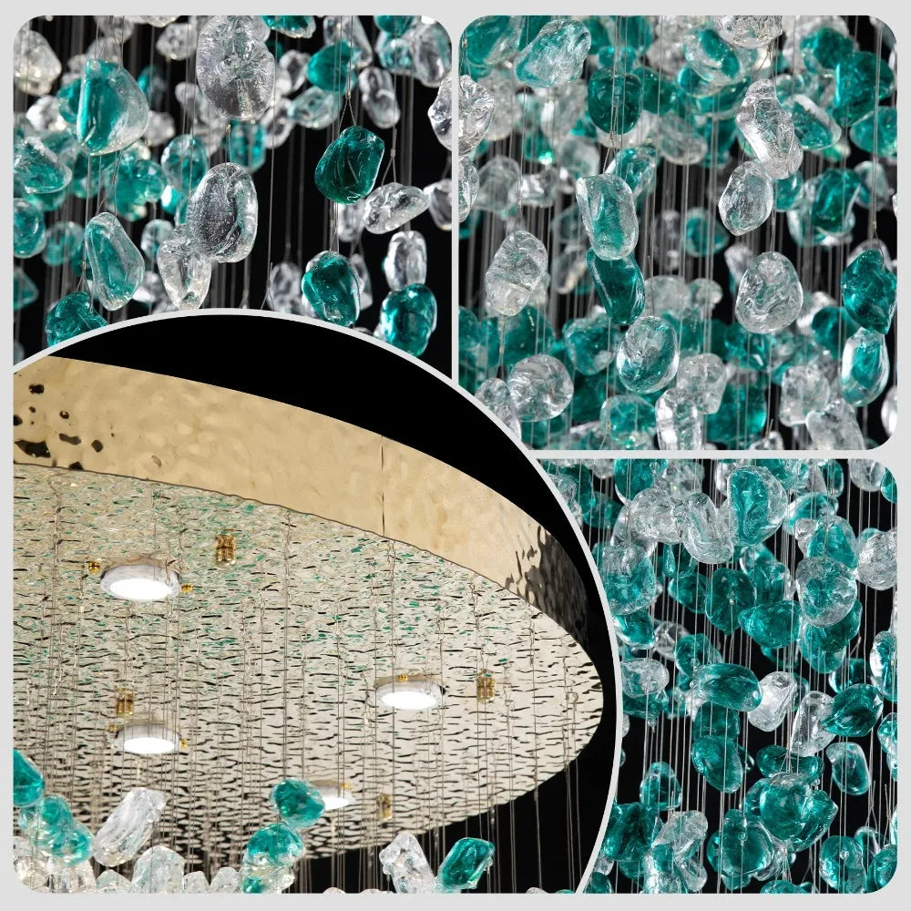 Luxury Large Green Crystal Stone Chandelier for Lobby Loft Staircase Project Modern LED Color Crystal Hanging Chandelier Custom