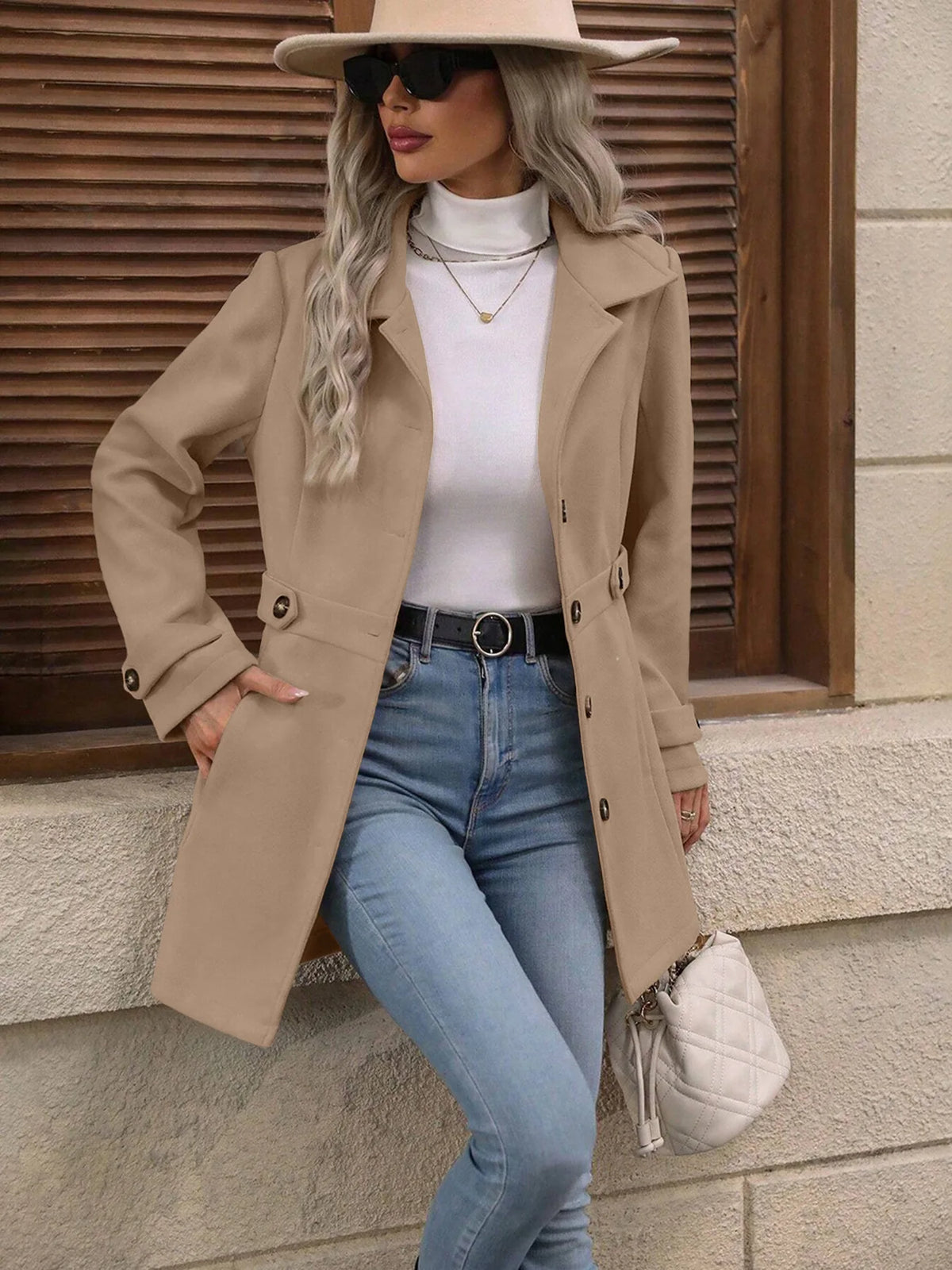 Autumn Winter New Mid-Length Elegant Woolen Coat Button Stand Collar Slim Fit Tweed Durable Fashionable Outerwear