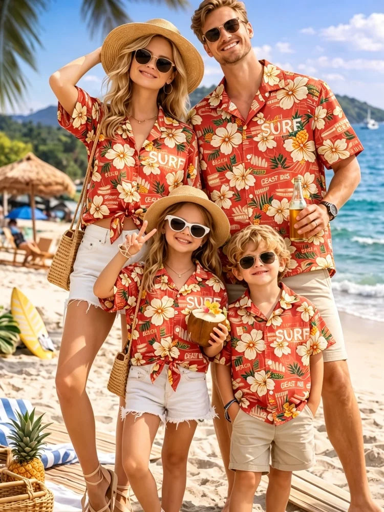New Mother Kids Family Wear Beach Hawaiian Shirt Tropical Sandcastle Palm Tree Shirt Outdoor Sports Sparent Shirts Child T-Shirt