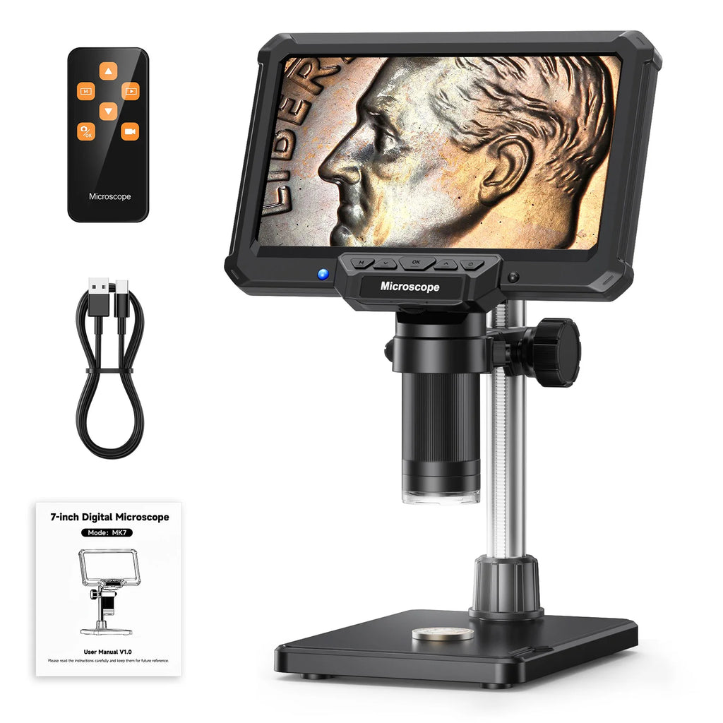7inch Digital Microscope 1200X Magnification for Coin PCB Circuit Repair 16MP HD Soldering Microscope with Lights, PC View