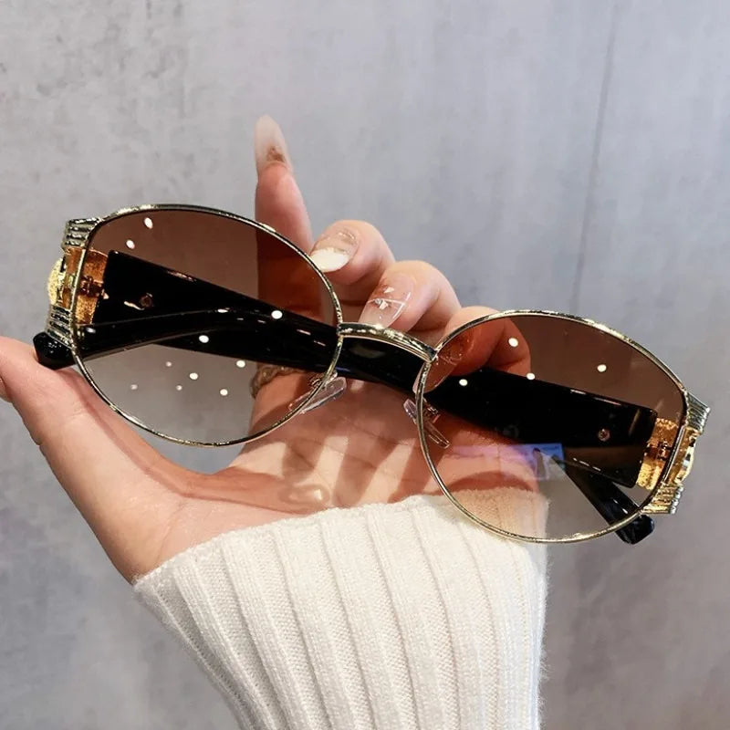 Samjune Fashion Oval Sunglasses Women European and American Style Ins Metal Glasses Ladies Trendy Men UV400