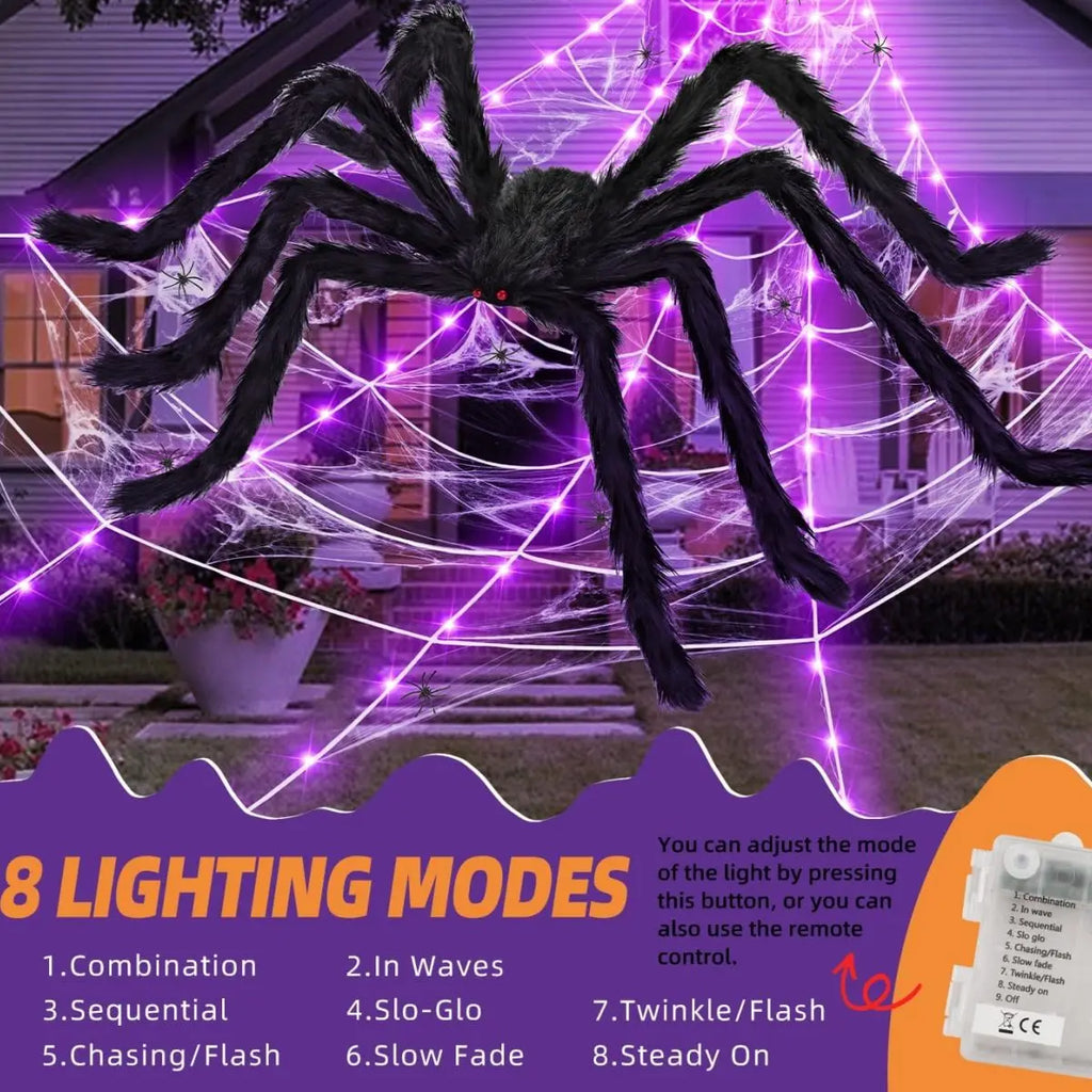 1pc Halloween Giant Spider Web Light With Big Spider Purple LED Battery Powered For Indoor Outdoor Yard Porch Garderd Home Decor