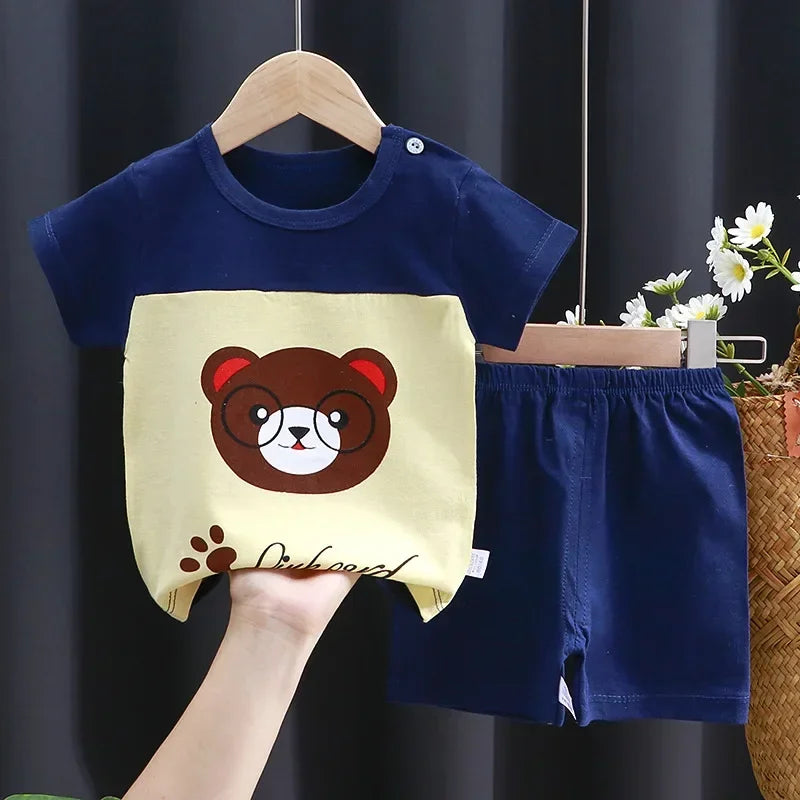 Cartoon Printed Clothing Pure Cotton Home Clothes 2 Piece Suits Toddler Fashion Cute Casual Tracksuits Contrast T-shirt+Shorts