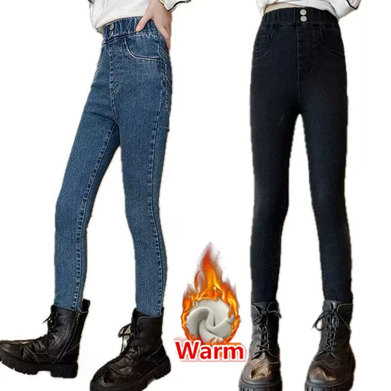 Girl Winter High Waist Insulate Skinny Jeans For Kids Black Blue Thermal Close-fitting Denim Pants Child Leggings Jeans Trousers