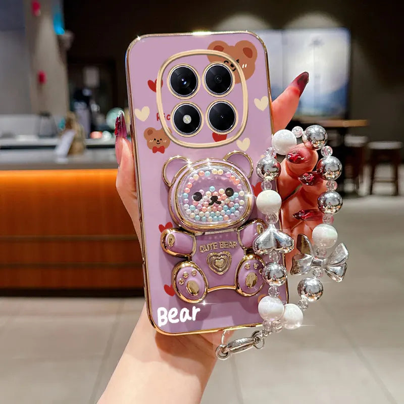 Pearl Strap Lanyard Love Bear Phone Holder Case For Xiaomi Redmi Note 14 13 12 Pro Plus Redmi 12 13 12C 13C 14C 15C 4G 5G Cover