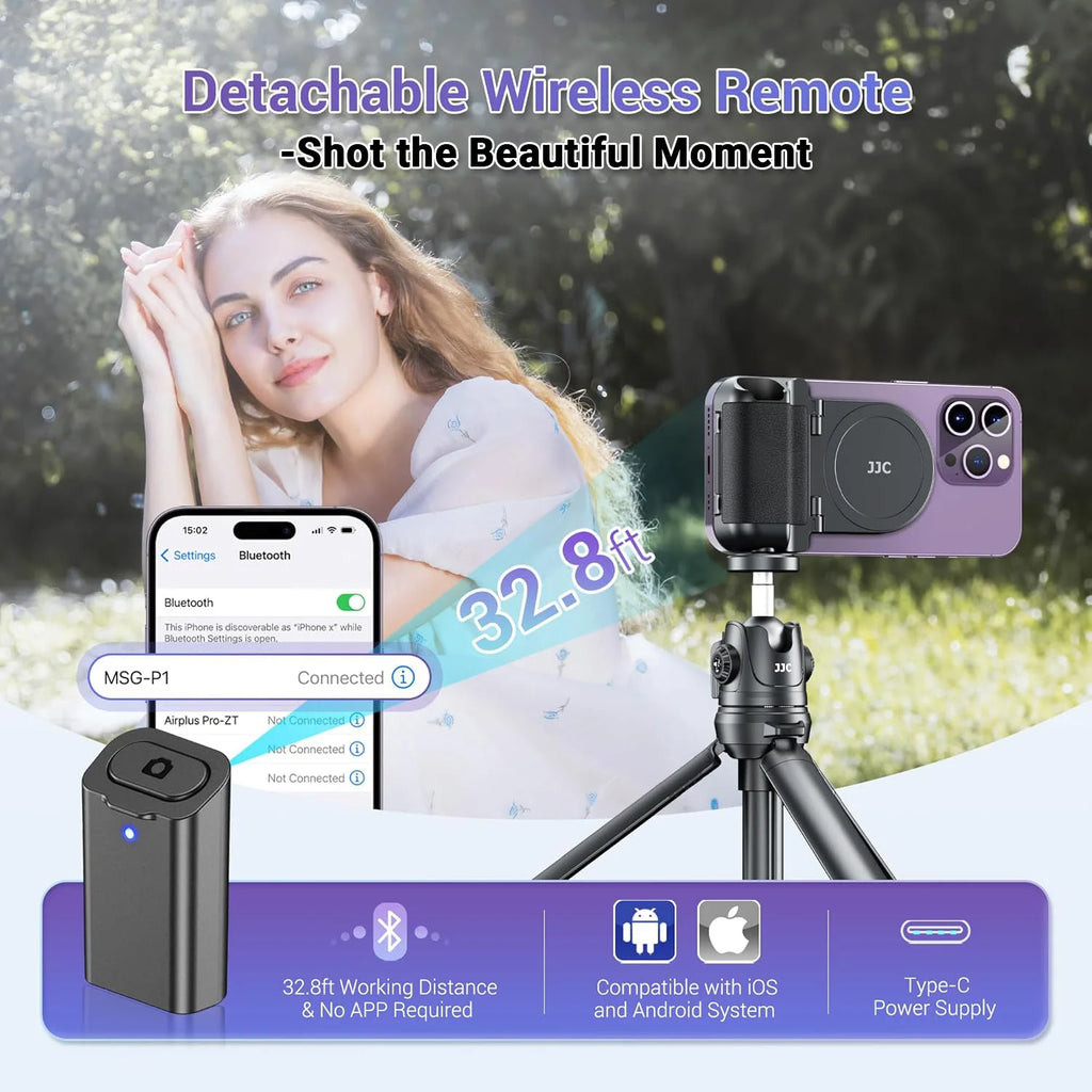 JJC Magnetic Phone Camera Grip Handle Selfie Bracket with Wireless Shutter Remote with 1/4” Tripod Screw for iPhone 17 16 15 14