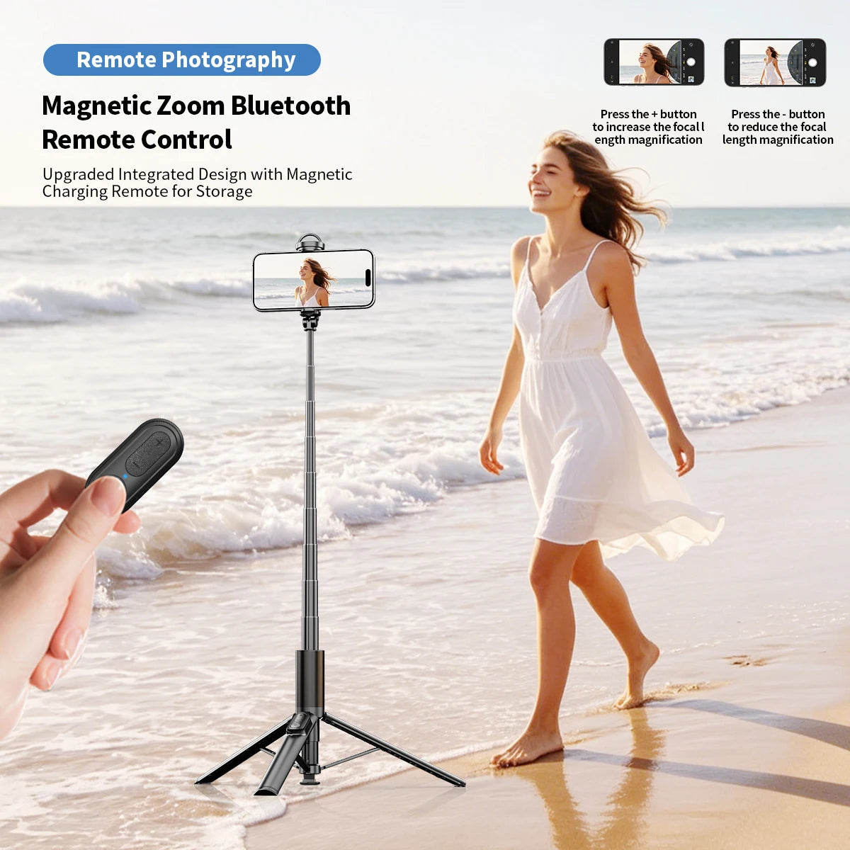 1.7M Portable Selfie Stick Tripod with Auto-Open Mechanism, Bluetooth Remote Control, Extendable Phone Holder for iPhone Android