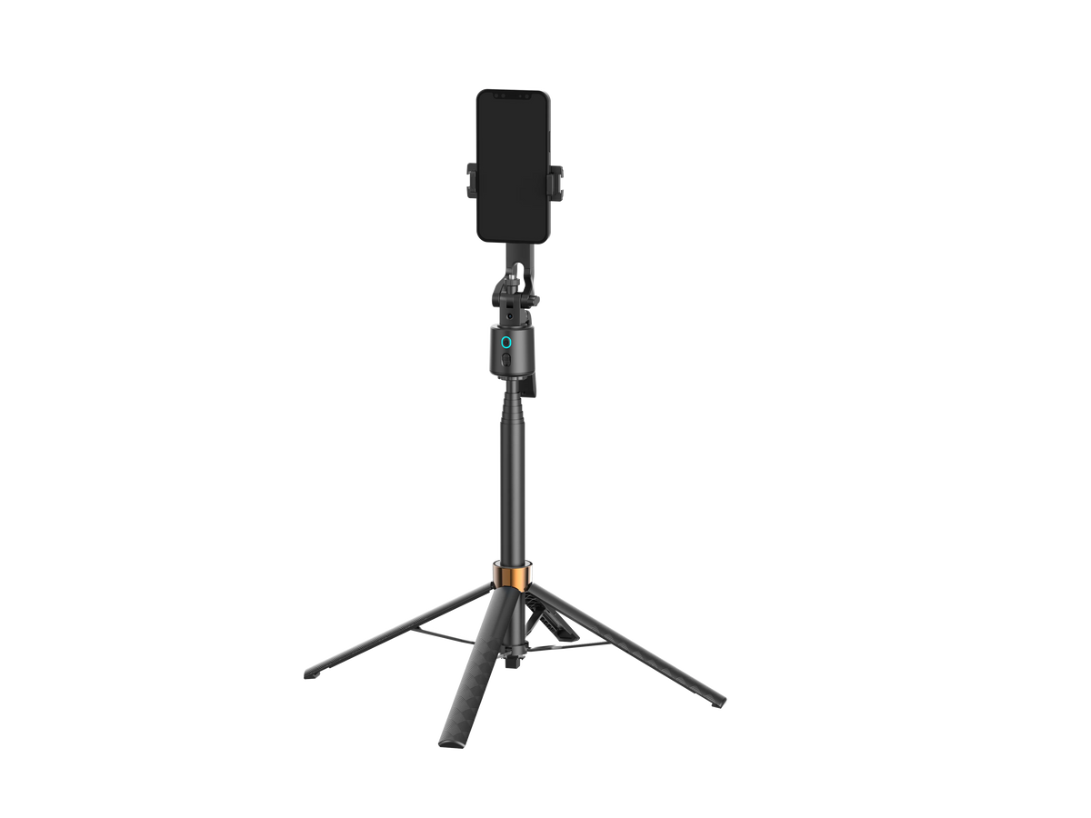 360° face-tracking selfie stick for smartphones includes a clip, expandable tripod, and is portable for outdoor photography.