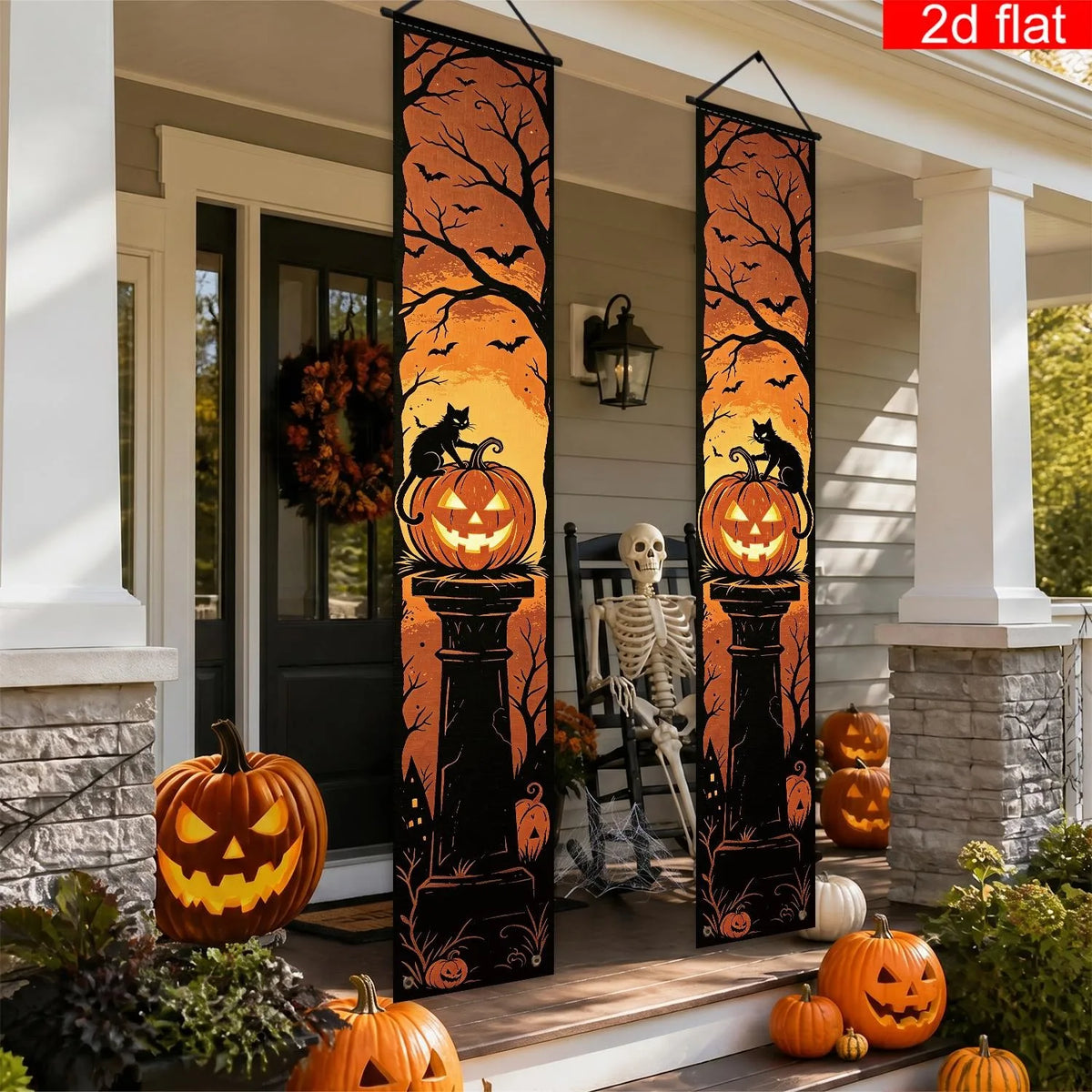 Halloween Door Banner Black Cat Pumpkin Tombstone Porch Sign Spooky Bat Tree Hanging Curtain Front Porch Horror Party Wall Decor