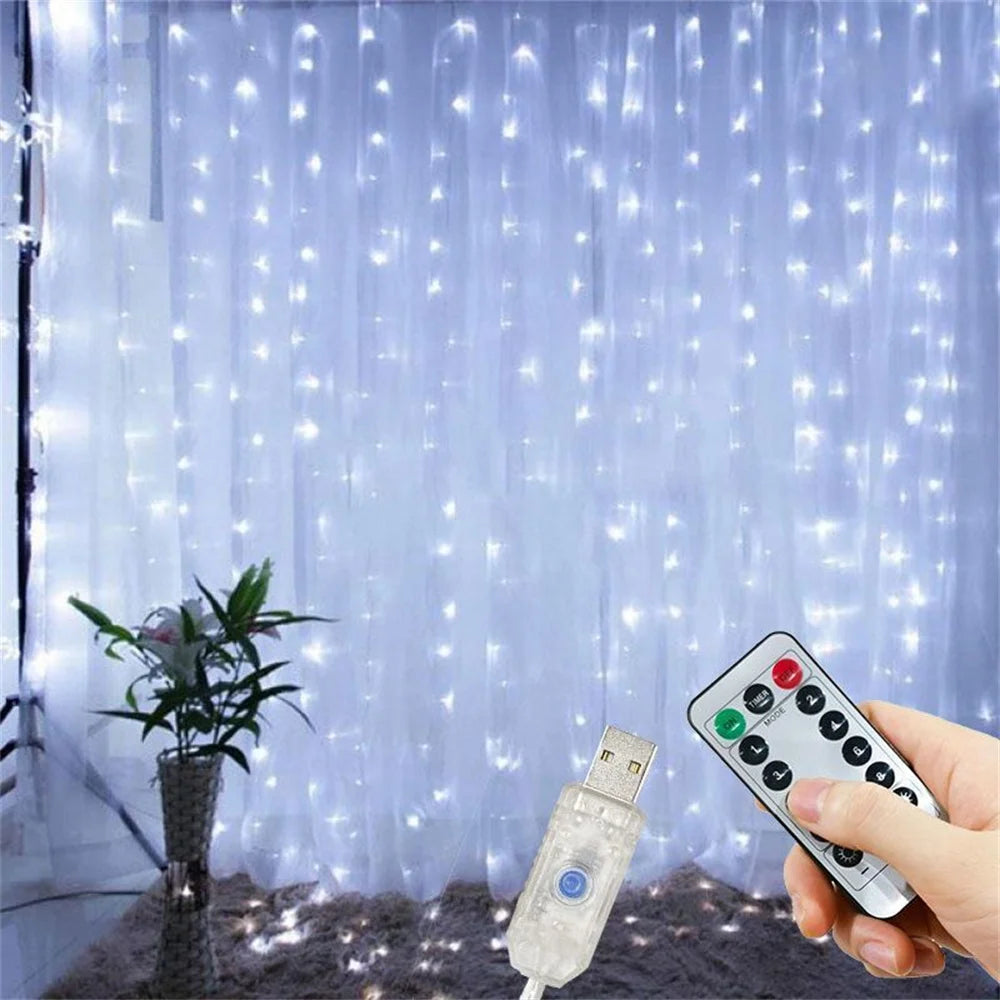 Wedding Outdoor USB Plug-in Festoon Curtain LED String Lights Remote 8 Modes EID Mubarak Bedroom Ramadan Home Decoration 3/4/6m