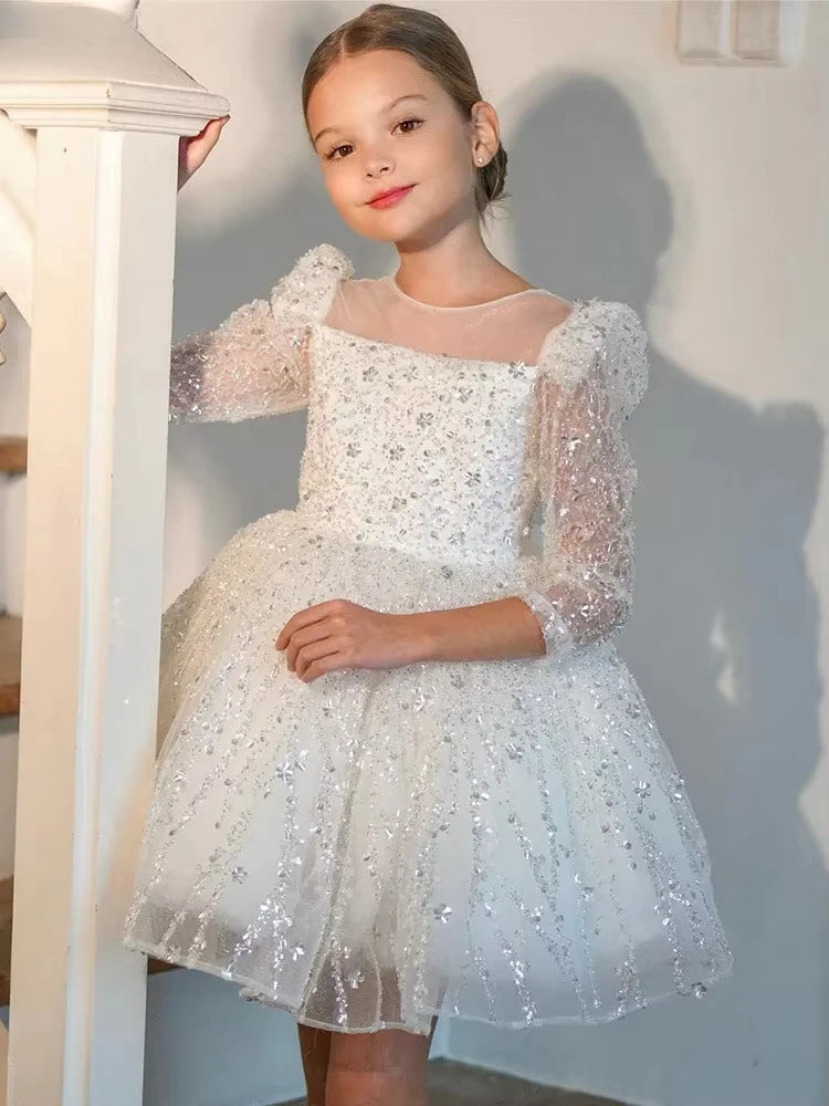 Girls Sequin Mesh Long Sleeve Birthday Party Dress Baby Girl Opening Ceremony Prom Gown New Childrens Dress Cute Kids Clothes