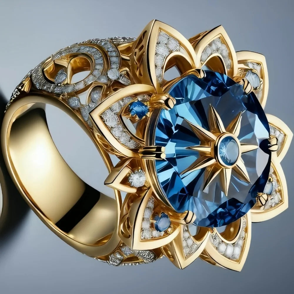 Luxury Female Blue Zircon Big Stone Engagement Round Sun Flower Ring Vintage Gold Color Wedding Fashion Jewelry For Women