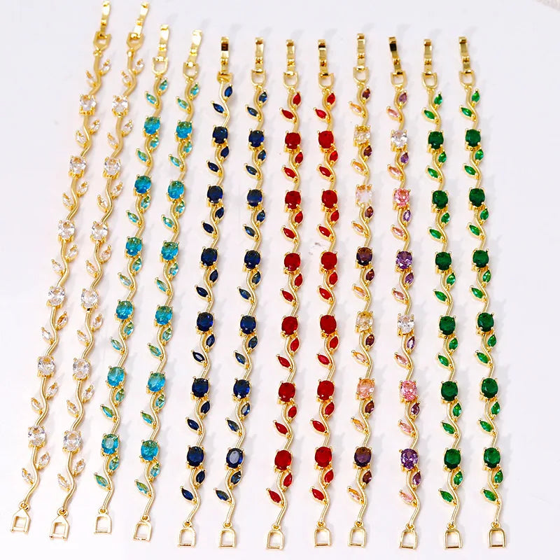 LATS Colorful Trendy Charm Sparkling Leaf Cubic Zirconia Bracelets for Women Party Wedding Fashion Jewelry Gift