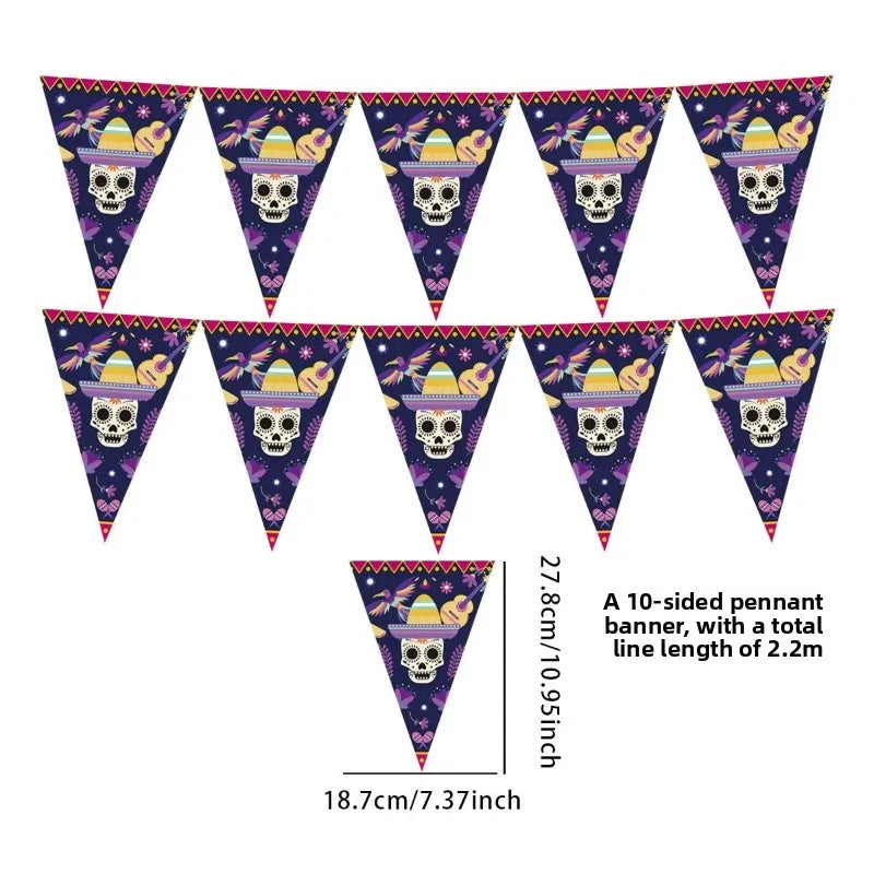 Day of the Dead Theme Triangle Bunting Mexican Ghost Festival Skull Pull Flower Decoration Coco Hanging Banner