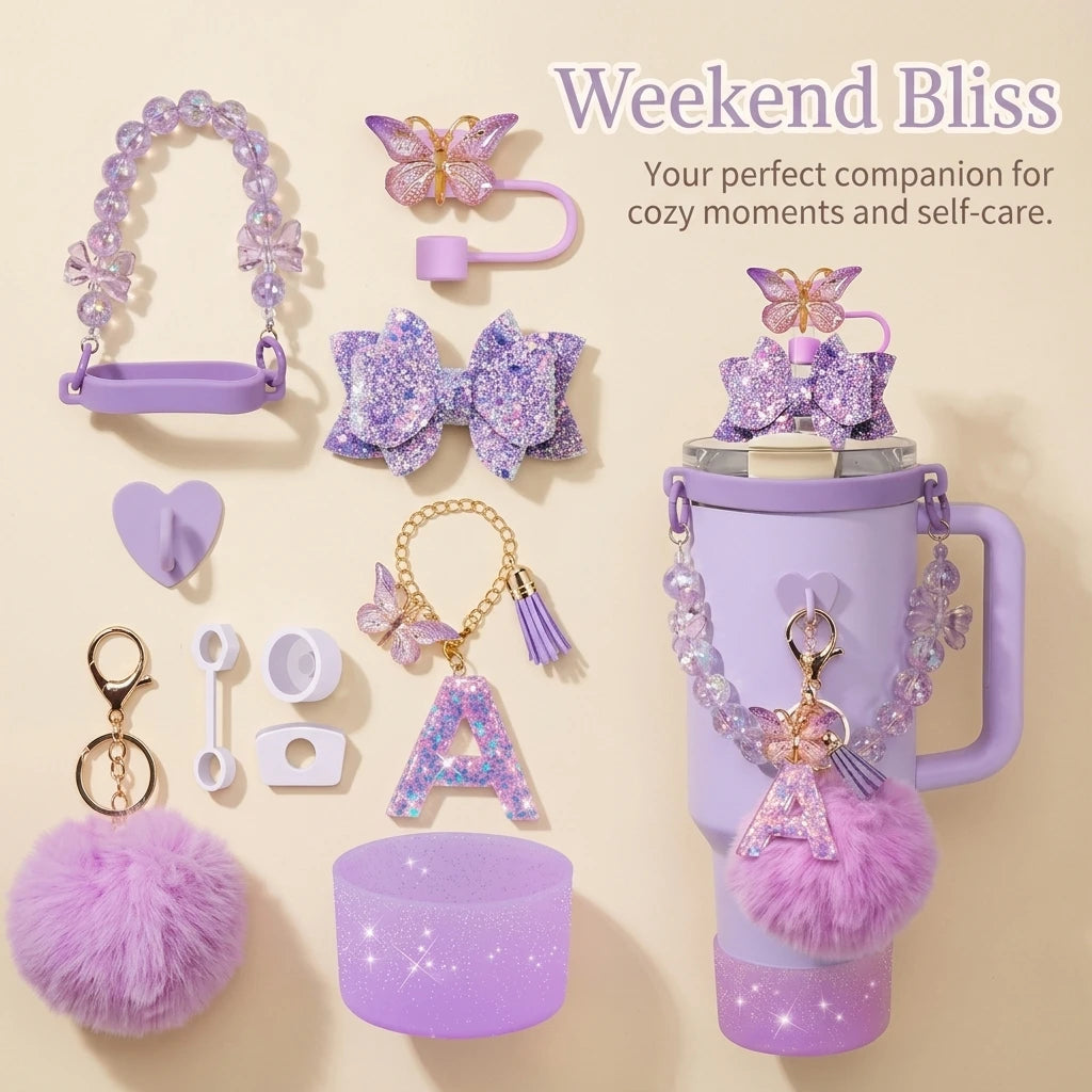 11pcs Tumbler Cup Decoration Bundle Fits for Stanley 30oz & 40oz Tumbler Cup with Handle, Silicone Straw Cover, Beaded Strap