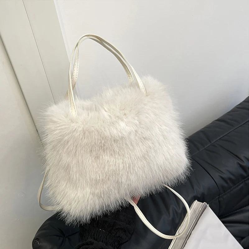 Candy Color Pearl Handle Women's Plush Crossbody Bag Portable Female Furry Handbags Winter Fashion Casual Shoulder Bags