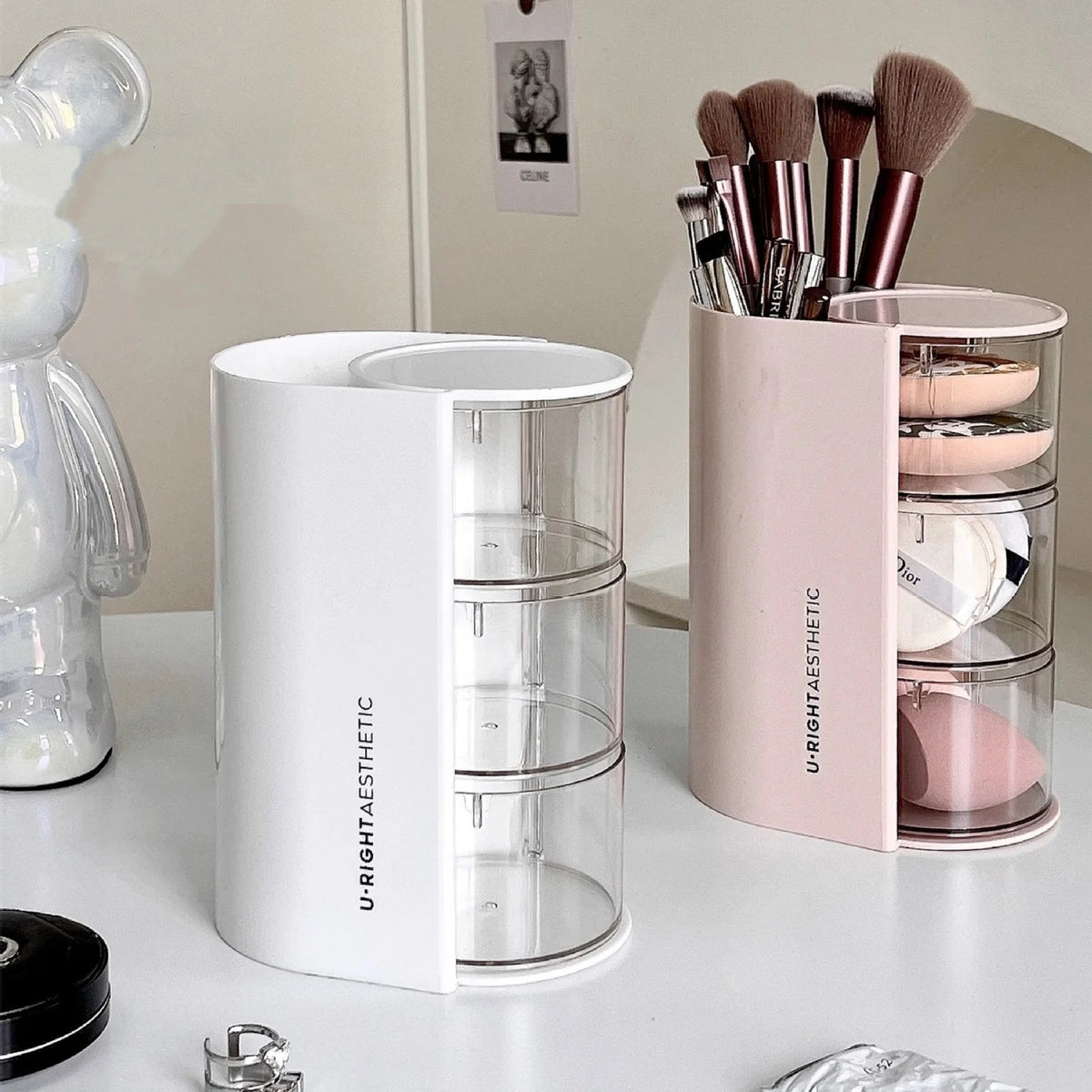 Multi-Layer Hair Accessories Storage Box Rotating Transparent Jewelry Organizer Desktop Case for Makeup Brush Powder Puff