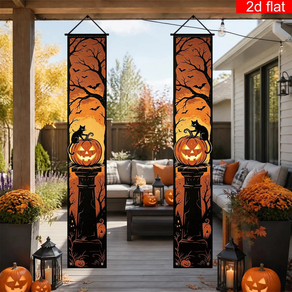 Halloween Door Banner Black Cat Pumpkin Tombstone Porch Sign Spooky Bat Tree Hanging Curtain Front Porch Horror Party Wall Decor
