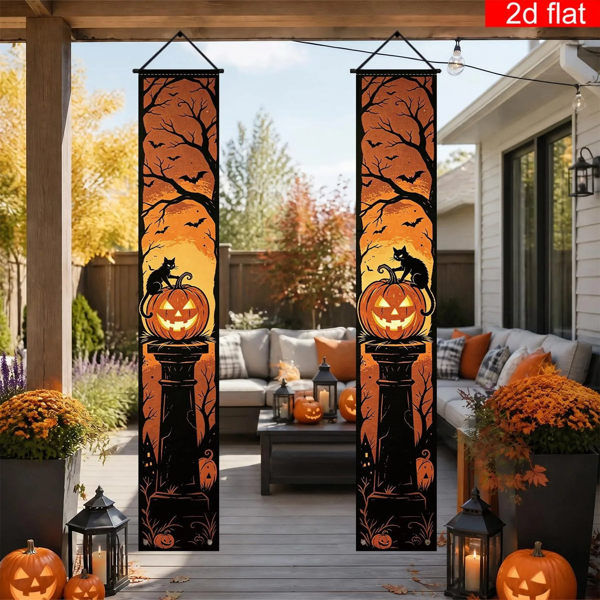 Halloween Door Banner Black Cat Pumpkin Tombstone Porch Sign Spooky Bat Tree Hanging Curtain Front Porch Horror Party Wall Decor