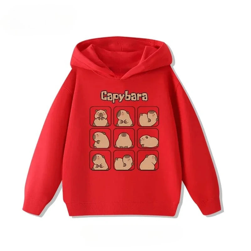 Autumn Winter Cartoon Cute Capybara Print Children's Hooded Hoodies Casual Fashionable Comfortable Boy Girl Sweatshirt Pullover