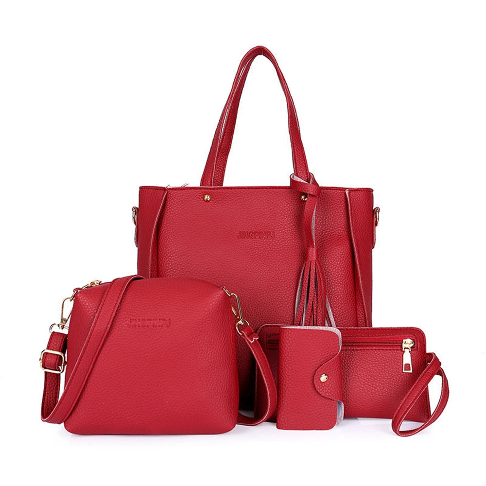 4pcs/Set Fashion Tassels Decoration Pu Leather Shoulder Bag Crossbody Bag Handbag Purse Wallet Solid Color Women Bag Combos 2024