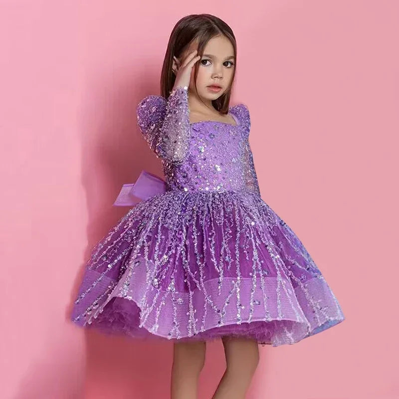 Girls Sequin Mesh Long Sleeve Birthday Party Dress Baby Girl Opening Ceremony Prom Gown New Childrens Dress Cute Kids Clothes