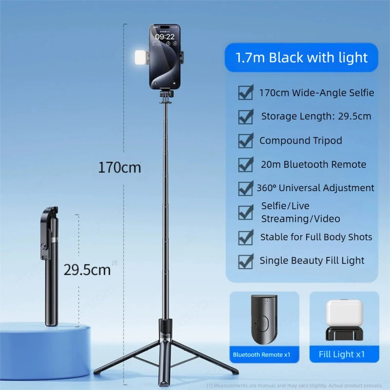 Selfie Stick 1700mm Ultra Long Stretch Portable Phone Holder Bluetooth Remote With Fill light Tripod Stand For Live Broadcas