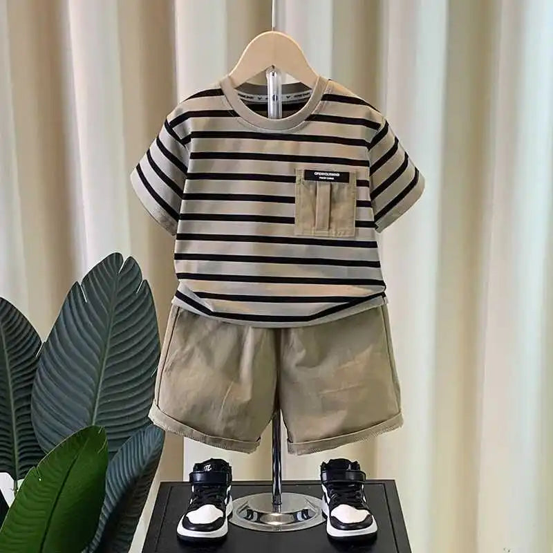 Korean Boys Summer Children's Top and Bottom 2PC Sets Short Sleeve T-Shirt & Denim Shorts Kids Clothes 1-7 Years Black Toddler