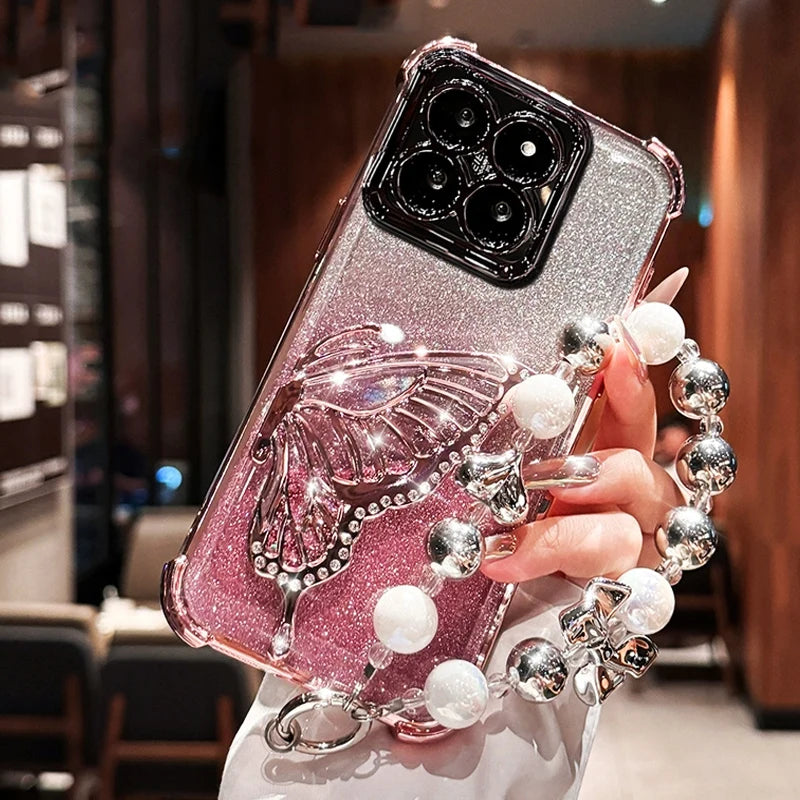 Shockproof Glitter Butterfly Bracket Bracelet Case for Xiaomi Redmi 15 15C 14C 13X 13C POCO C85 C75 X7 F7 Note 14 Pro Soft Cover