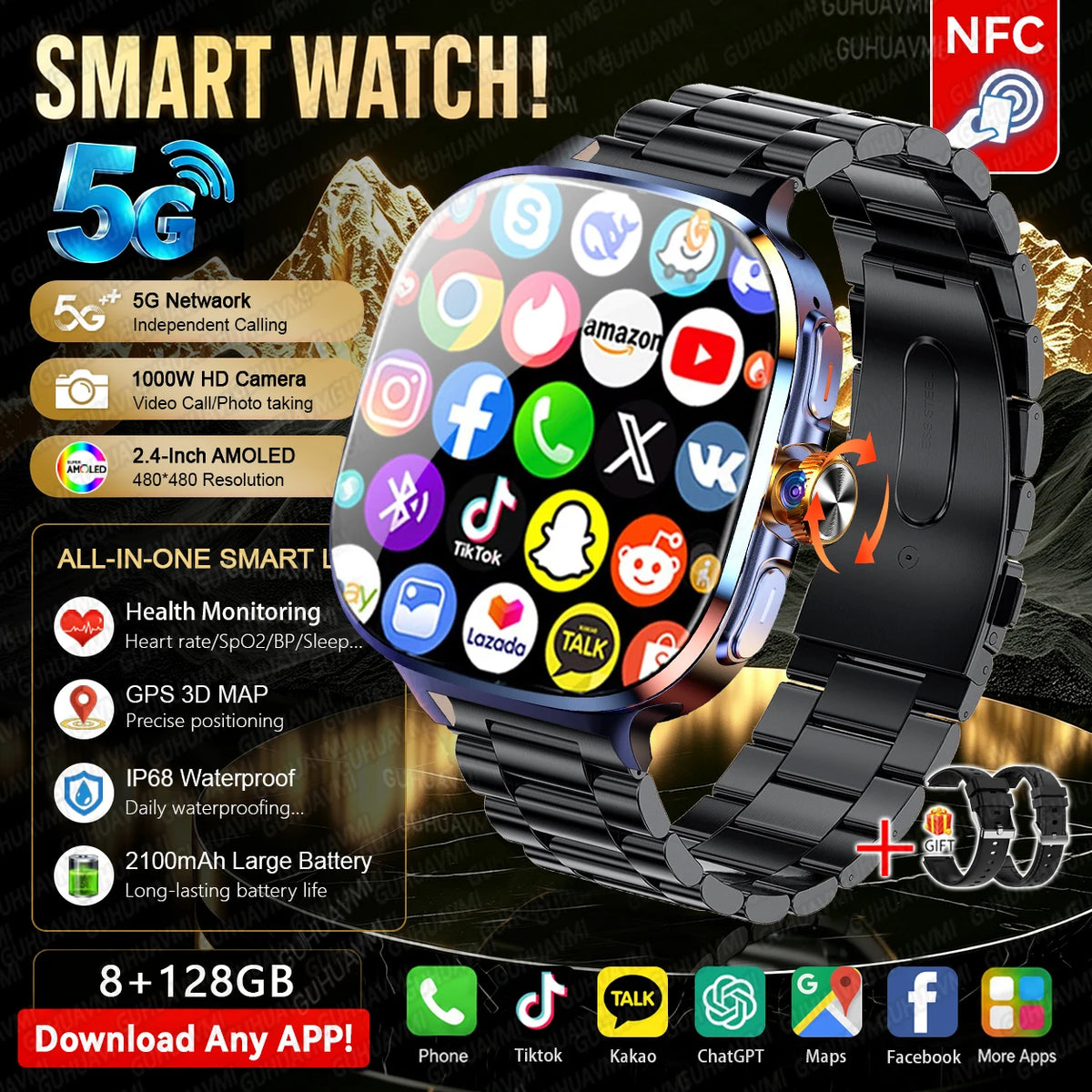 5G/4G Full Network Android Smart Watch With 2.4" AMOLED Display Independent Calling Camera GPS Wifi Bluetooth Sports Phone Watch