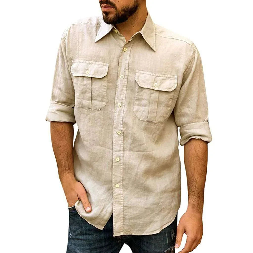 Cotton Linen Men's Classic Shirt Double Pocket Long Sleeve Casual Tops Lapel Solid Color Lightweight  Shirt Trendy Male Clothing