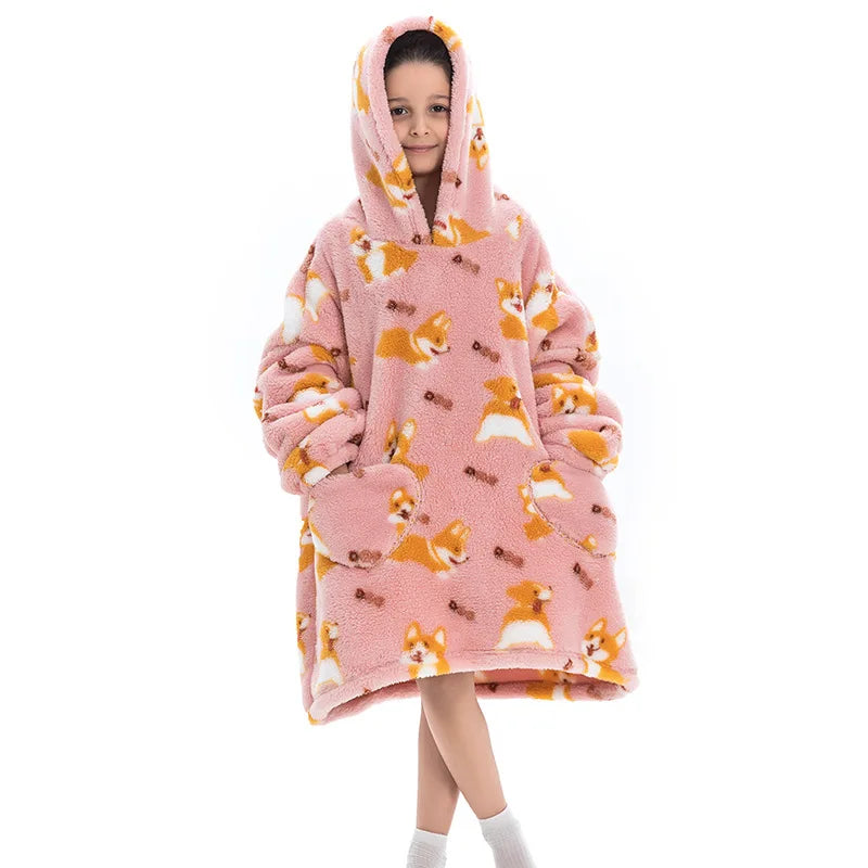 Kids Oversized Hoodie Blanket With Sleeve Boy Girl Sweatshirt Winter Fleece Hoody Avocado Rainbow Dinosaur Print Hooded Sweat