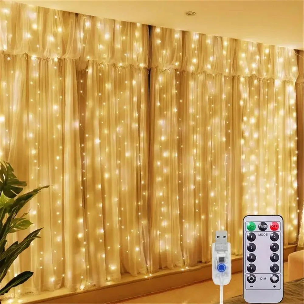 Wedding Outdoor USB Plug-in Festoon Curtain LED String Lights Remote 8 Modes EID Mubarak Bedroom Ramadan Home Decoration 3/4/6m