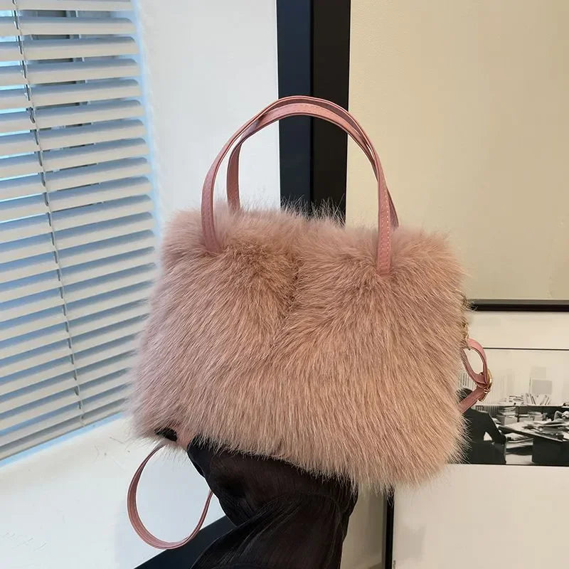 Candy Color Pearl Handle Women's Plush Crossbody Bag Portable Female Furry Handbags Winter Fashion Casual Shoulder Bags